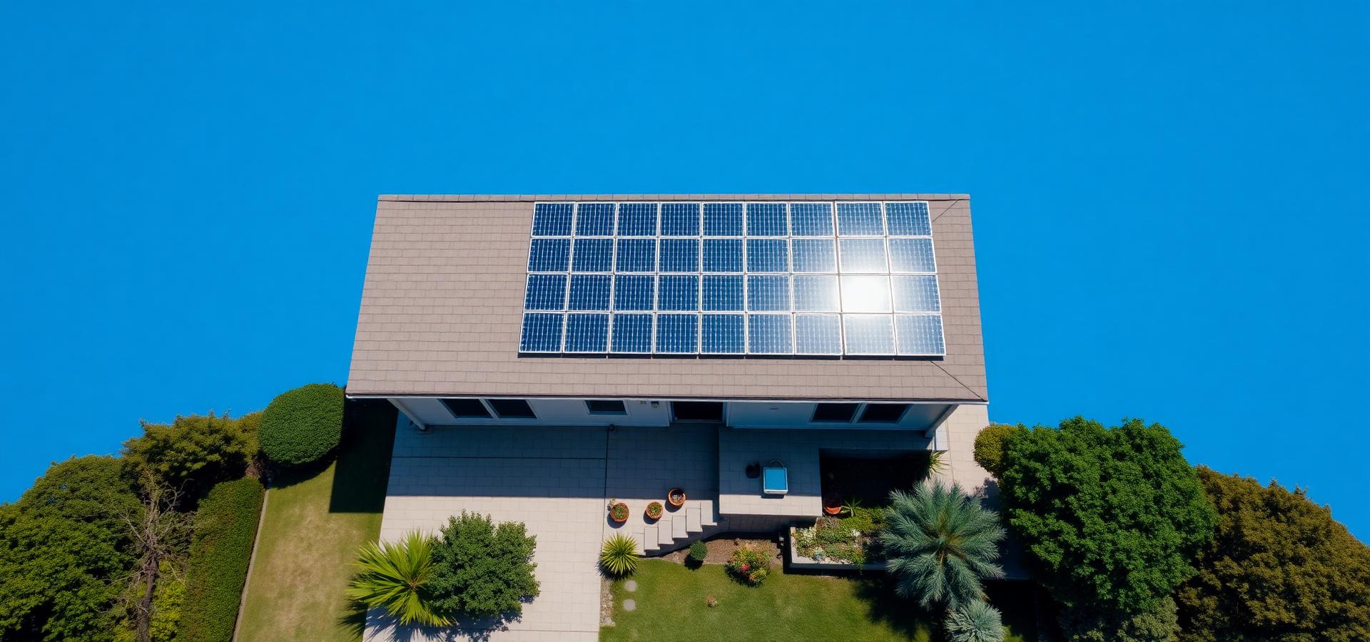 Luftaufnahme eines Hauses mit vollflächiger Photovoltaikanlage